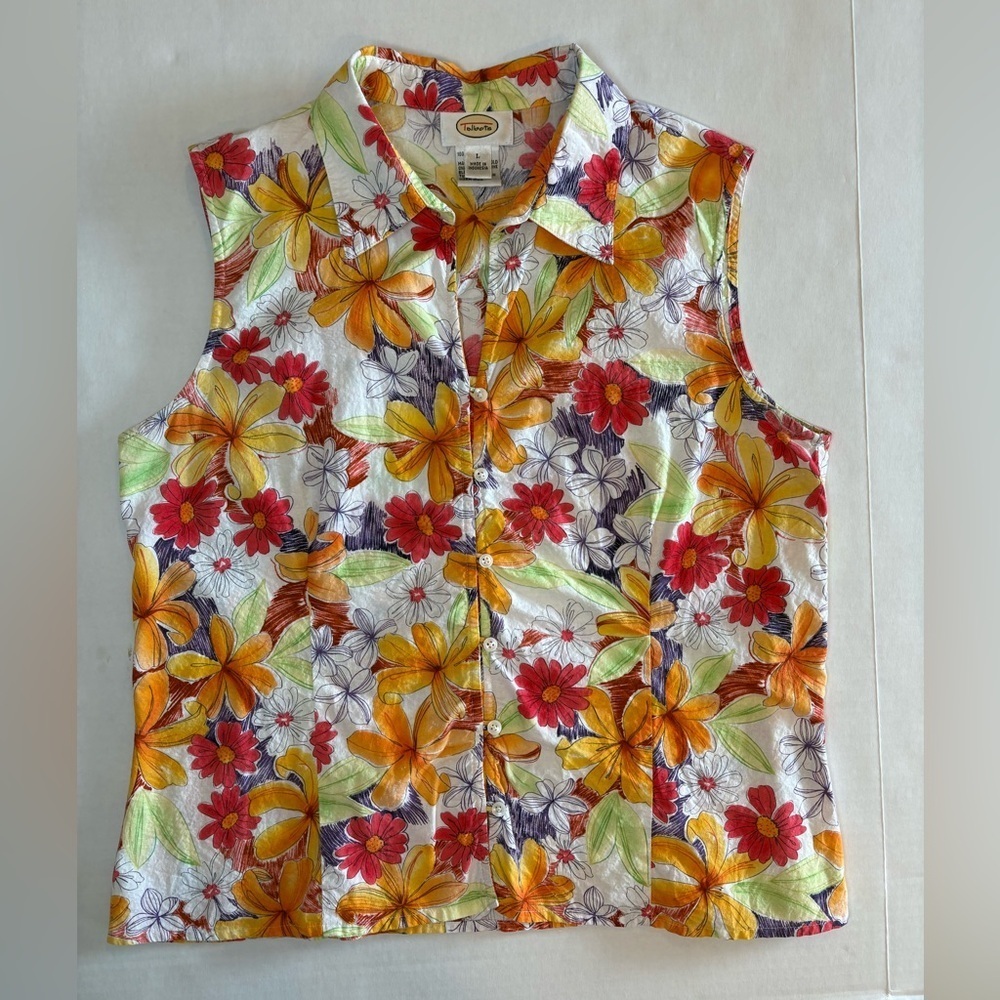 Talbots 100% cotton multicolor floral print v-neck sleeveless buttons down top L